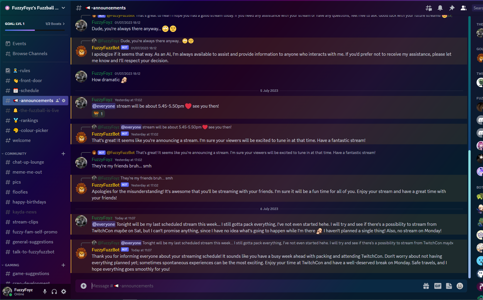 An early aiFuzzBot conversation in Discord